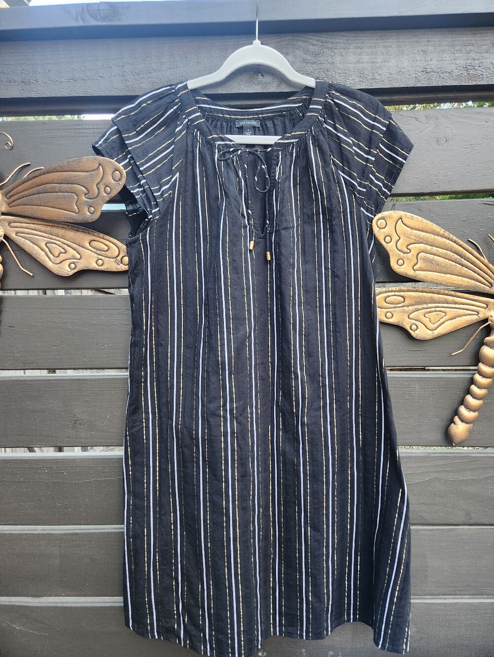 Anne Taylor Black With Metallic Gold And Silver Stripes Dress Size 6